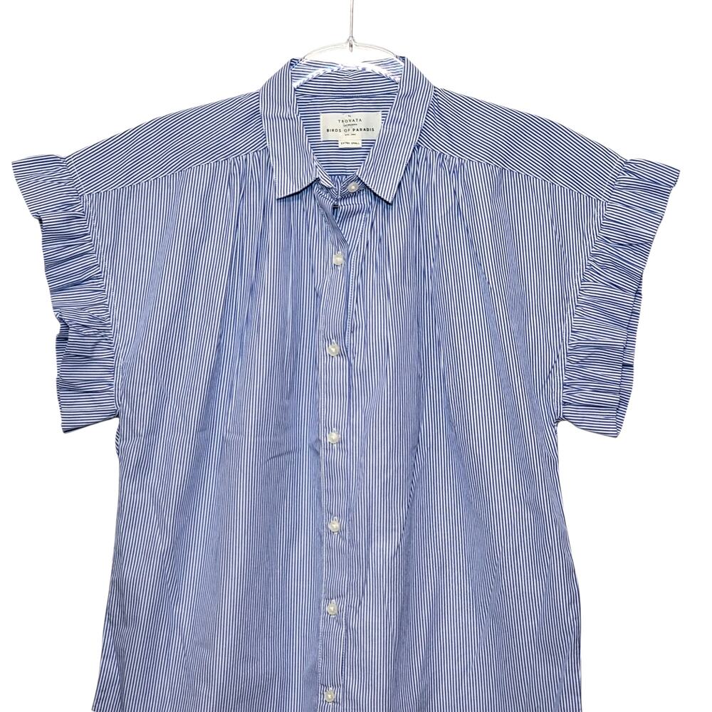Travota Marianne NWT Birds of Paradise Button Ruffle Shirt Blue White Cotton XS - Picture 3 of 14